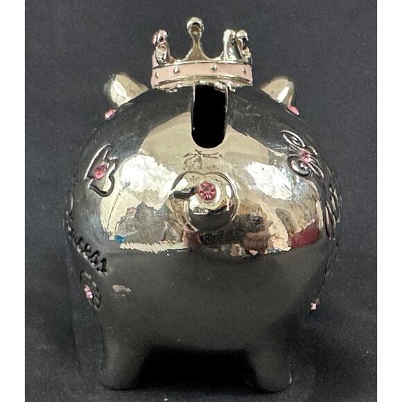 MUD PIE "Welcome Little Princess" Silver with Pink Jewels Vintage Piggy Bank - Picture 9 of 12